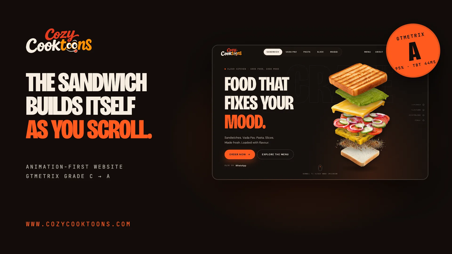 Cozy Cooktoons website: the sandwich builds itself as you scroll. Animation-first website, GTmetrix grade C to A.