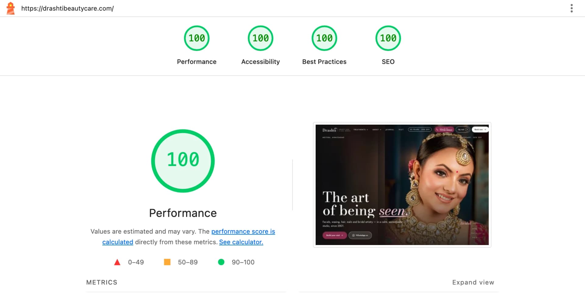 Google Lighthouse desktop report for drashtibeautycare.com: performance 100, accessibility 100, best practices 100, SEO 100.