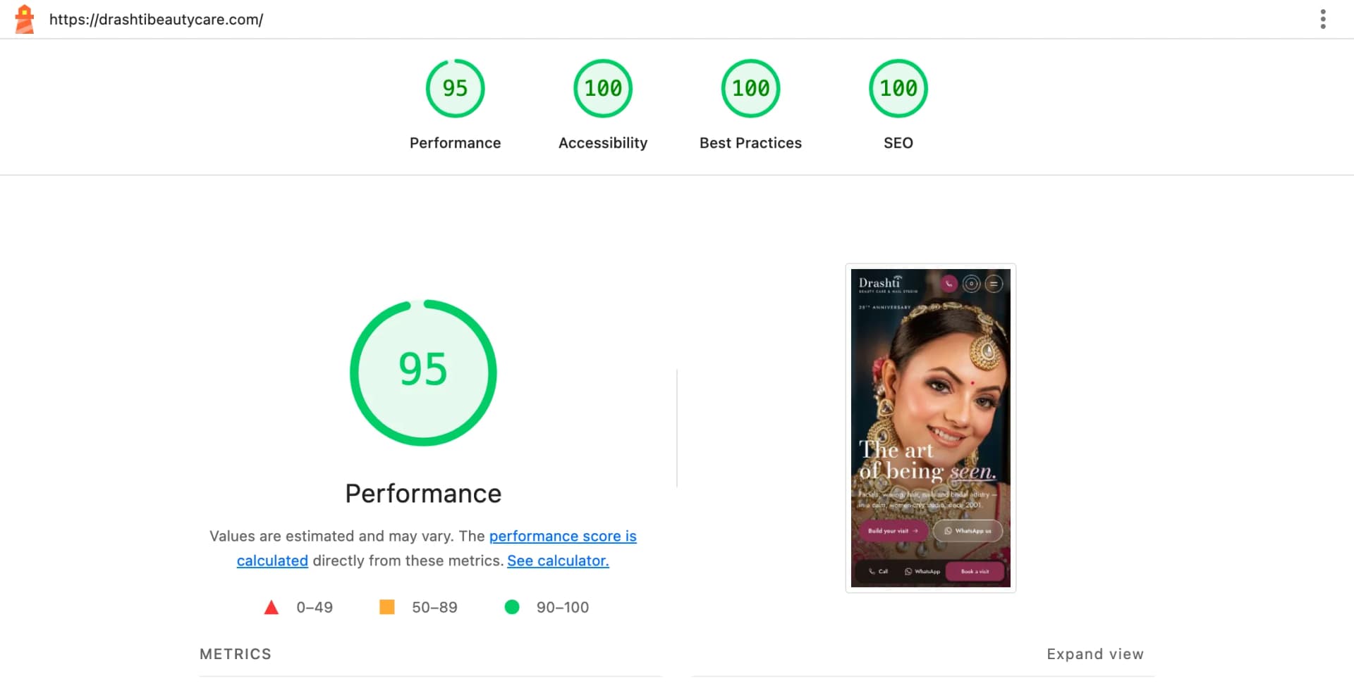 Google Lighthouse mobile report for drashtibeautycare.com: performance 95, accessibility 100, best practices 100, SEO 100.