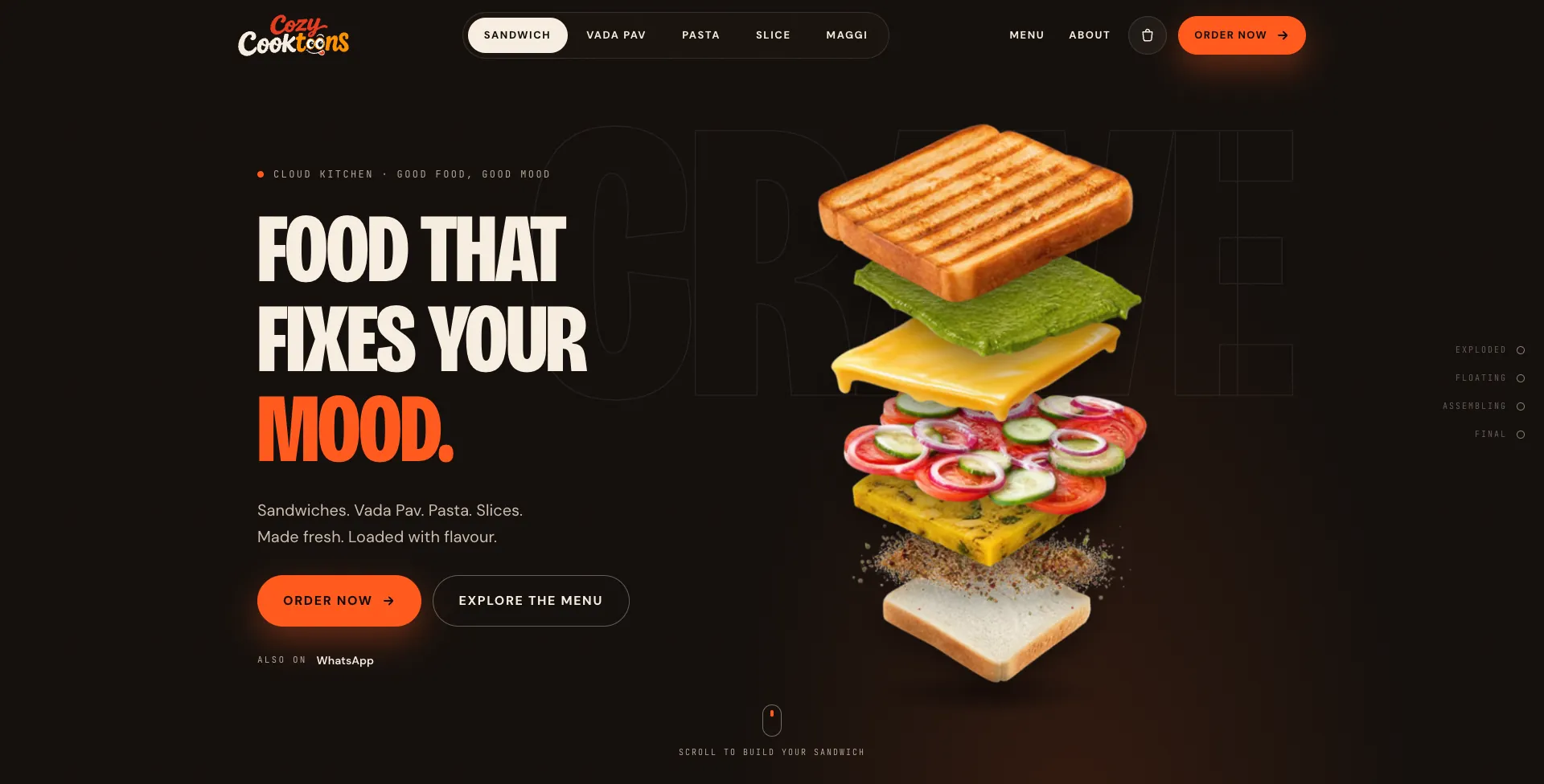 The Cozy Cooktoons homepage, with a sandwich assembling itself layer by layer